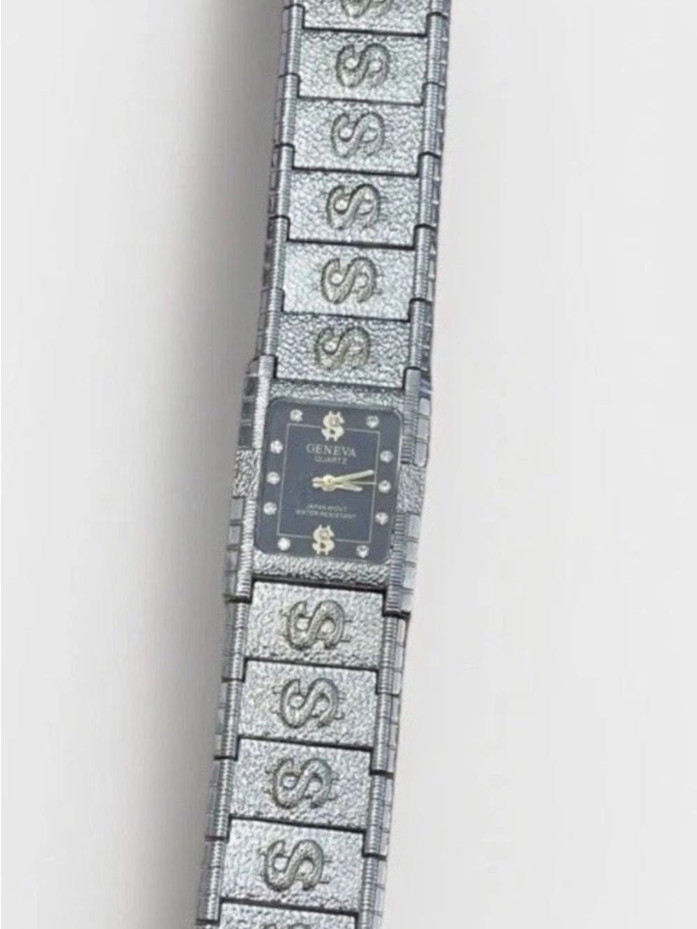 Geneva Silver Tone Dollar Sign Link Bracelet Watch with Black Dial